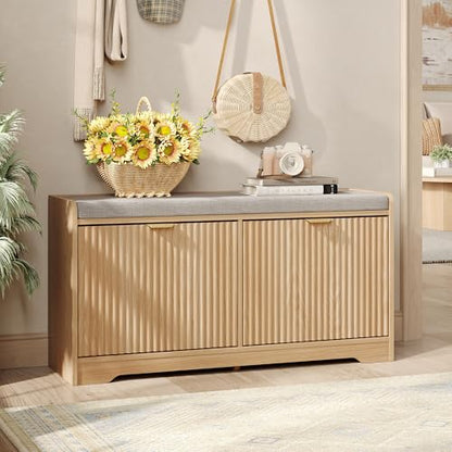 Maupvit 39.4" Fluted Shoe Bench with Storage, Narrow Entryway Bench,Natural | with Removable Seat Cushion & 2 Flip-Drawers, Shoe Cabinet Bench, Boho Hidden Shoe Rack for Entrance, Hallway, Living Room - color: Natural