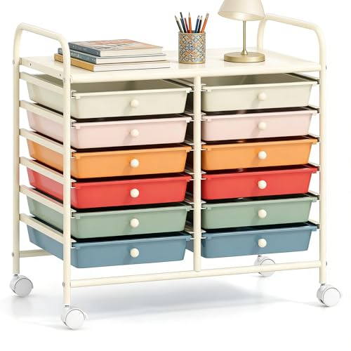 COSTWAY 12-Drawer Rolling Storage Cart, Utility Storage Organizer Cart | For Tools, Scrapbook, Paper, Craft, Multipurpose Art Supply Organizer on Wheels for Home Office School, Teacher, Macaron - color: Macaron, size: 25"L x 15"W x 24.5”H (12 Drawer)