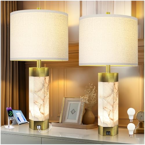 Scenekoy 27" Alabaster Table Lamps Set of 2,Table Lamp with Night Light | Nightstand Lamp with USB A+C Ports, Bedside Lamp with Linen Shade for Bedroom, Living Room, Office, Bar, Bulb Included - color: Pure White