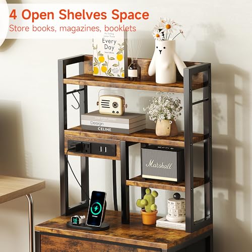 COTUBLR Night Stand, Tall Nightstand with Charging Station and LED Lights, Side Table with 4-Tier Shelves and 3 Fabric Drawers, 45.3" Tall Bedside End Tables for Bedroom, Hallway, Office, Rustic Brown - color: Rustic Brown