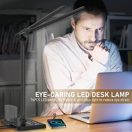 Dimmable LED Desk Lamp with USB Charging Port, 50 Lighting Modes Dual Swing Arm Architect Table Lamp Light Desk Lamp for Home Office Dorm Piano Nail - color: Black