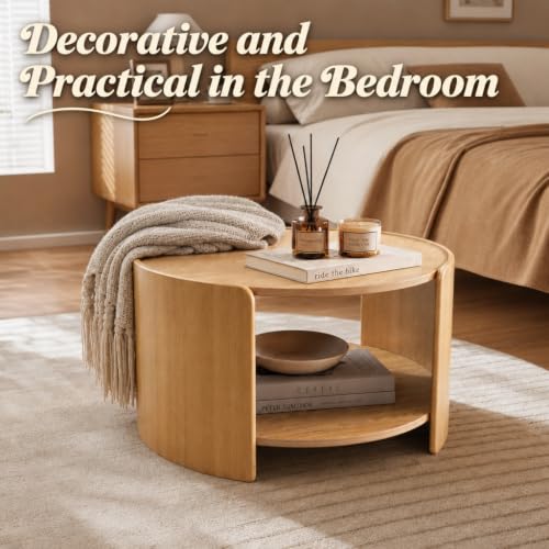 Oak Round Coffee Table, 2-Tier 31.5" Open Storage Modern Center Table | Wooden Circle Coffee Table with Shelf & Curved Legs for Living Room, Home Office, Reception Room, Apartment, Natural - color: Natural