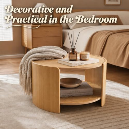 Oak Round Coffee Table, 2-Tier 31.5" Open Storage Modern Center Table | Wooden Circle Coffee Table with Shelf & Curved Legs for Living Room, Home Office, Reception Room, Apartment, Natural - color: Natural