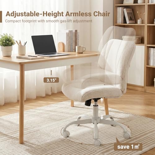 Vanity Chair with Wheels, Armless Office Chair Height Adjustable, Cute Desk Chair with Soft Lumbar Support for Small Space, Bedroom, Make-up Room, White - color: White