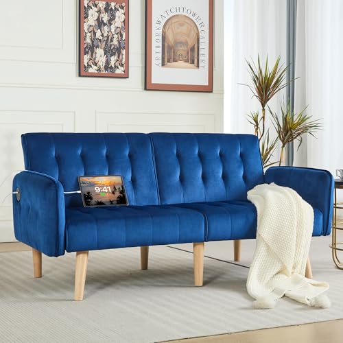 65'' Convertible Futon Sofa Bed with USB, Small Couch for Living Room | Sleeper Sofa and Loveseat, Adjustable Folding Couch with Tufted Design and 2 USB Ports, Bedroom Apartment Office, Blue - color: Blue