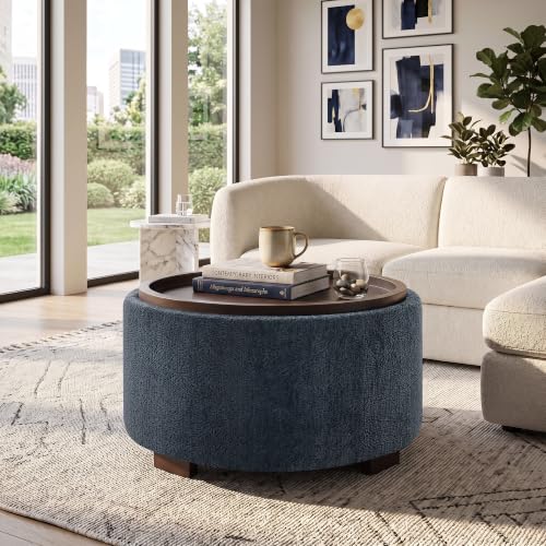 Zihanhome 30" Round Storage Ottoman Coffee Table with Removable Tray Top, Large Hidden Storage Ottoman, Solid Wood Legs for Living Room, Bedroom, Apartment (Blue Striped) - color: Blue Striped