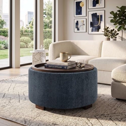 Zihanhome 30" Round Storage Ottoman Coffee Table with Removable Tray Top, Large Hidden Storage Ottoman, Solid Wood Legs for Living Room, Bedroom, Apartment (Blue Striped) - color: Blue Striped