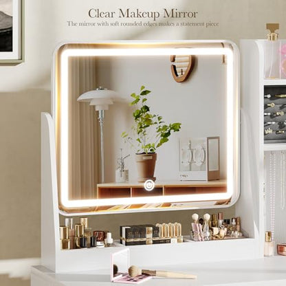 Fluted Makeup Vanity Desk with Mirror and Lights | Small Vanity with 3 Lighting Modes Adjustable Brightness, Jewelry Storage Cabinet and 2 Drawers, White - color: White
