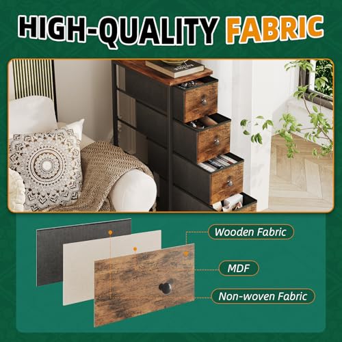 COTUBLR Narrow Dresser, 19" Wide Narrow Nightstand Dresser Storage Tower with 5 Drawers, Slim Fabric Dressers Chest of Drawers for Small Spaces, Wood Top & Fabric Bins for Bedroom Bathroom Closet - color: Rustic Brown