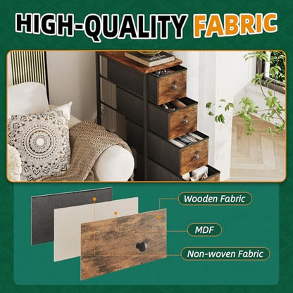 COTUBLR Narrow Dresser, 19" Wide Narrow Nightstand Dresser Storage Tower with 5 Drawers, Slim Fabric Dressers Chest of Drawers for Small Spaces, Wood Top & Fabric Bins for Bedroom Bathroom Closet - color: Rustic Brown