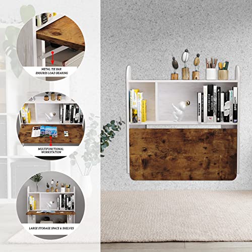 Wall Mounted Drop-Leaf Table, Floating Laptop Desk, Folding Table with Shelves, Multifunctional Computer Workstation with Storage Compartments in Home Office for Space Saving (Grayish White) - color: Grayish White