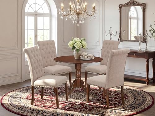 East West Furniture DLBR5-MAH-04 5 Piece Dining Room Furniture Set Includes a Round Dining Table with Dropleaf and 4 Light Tan Linen Fabric Upholstered Chairs, 42x42 Inch, Mahogany - color: Dlbr5-mah-04