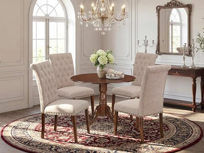 East West Furniture DLBR5-MAH-04 5 Piece Dining Room Furniture Set Includes a Round Dining Table with Dropleaf and 4 Light Tan Linen Fabric Upholstered Chairs, 42x42 Inch, Mahogany - color: Dlbr5-mah-04