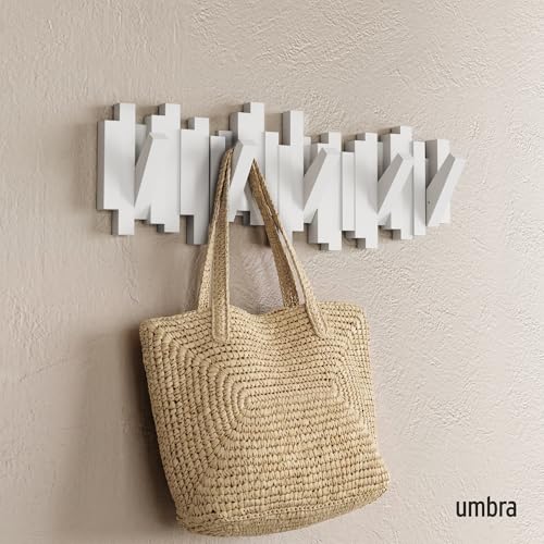 Umbra Sticks Wall Mount Coat Rack, 5 Hook Retractable Pegs, White | Mounting hardware included, sculptural modern design, entryway or bedroom use, recycled plastic - color: White, size: 5-Hook