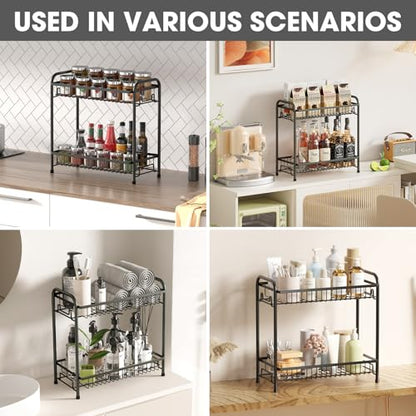 Spice Rack for Countertop, 2-Tier Standing Sturdy Metal Seasoning Organizer Holder, Space Saving Spice Shlef for Kitchen, Cabinet, Pantry Storage, Easy Assembly, Black
