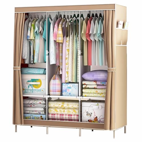 Portable Closet Wardrobe, Clothes Rail with Non-Woven Fabric Cover & 3 Hanging Rods and 6 Shelves, Clothes Storage Organizer, 16mm Diameter Steel Pipe for Bedroom and Living Room