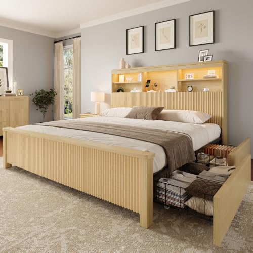 King Size Bed Frame with 4 Storage Drawers, Natural | Metal Platform Bed Frame with Tall Headboard, King Bed Frame with LED Lights&Charging Ports, No Box Spring Needed, Noise-Free - color: Natural, size: King