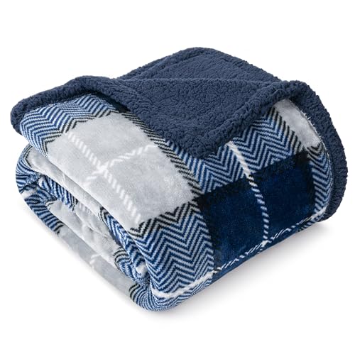 PAVILIA Plaid Sherpa Throw Blanket for Couch Sofa Bed, Navy Blue, 50x60 | GSM 460; Soft Plush Flannel Fleece; Warm&Cozy for Home; Machine Washable, Perfect Cabin Decor Winter Holiday Christmas Gift - color: Plaid Navy, size: 50 x 60 Inches