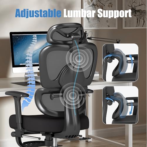 Ergonomic Office Chair with Footrest – Adjustable Lumbar Support, 3D Armrests & Headrest, Wide-Seat High-Back Mesh Computer Chair with Casters, Suitable for Home & Office, Black - style: with Footrest