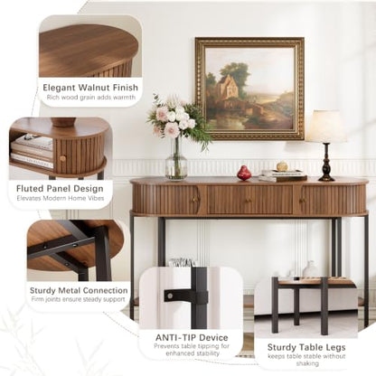 47.2" Entryway Table with Drawer and Storage, Narrow Console Table with Sliding Tambour Doors, Fluted Console Table Behind Couch for Hallway, Foyer, Living Room, Walnut, 220lbs Capacity