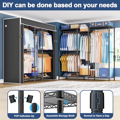 E12C Heavy Duty Closet Organizer System，Freestanding Clothing Rack, Adjustable Garment Rack 57.1" W x 16" D x 76.5" H Holds 860 lbs, Black Clothing Rack with Black Dustproof Cover - color: Black Rack With Black Cover, size: E12C