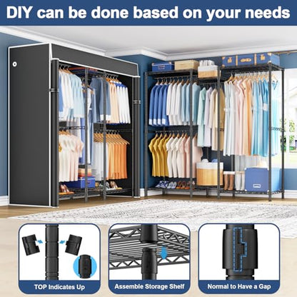 E12C Heavy Duty Closet Organizer System，Freestanding Clothing Rack, Adjustable Garment Rack 57.1" W x 16" D x 76.5" H Holds 860 lbs, Black Clothing Rack with Black Dustproof Cover - color: Black Rack With Black Cover, size: E12C