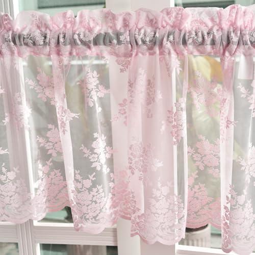 Kotile Pink Lace Valance for Windows Rustic Floral W52xL18 Inch 1 Panel | Rod Pocket, Light Lace Falls Softly, Filters Sunlight, Vintage Charm, Soft Romantic Look, Short Top Frame, Subtle Privacy - color: Pink
