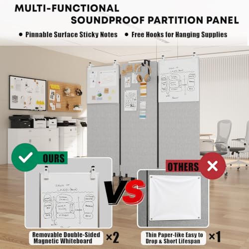 3 Panel Soundproof Room Divider W/Wheels, Office Divider with Whiteboard | 66" H with Detachable Whiteboard/Clips/Hooks/Pushpins,Wheeled Room Dividers, Easy to Move,For Conference Room Partitions - color: Grey, size: 3-Panel-with Board