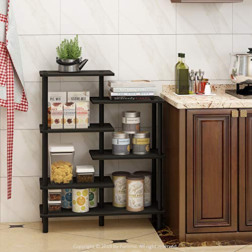 Furinno Turn-N-Tube 6-Tier Accent Display Rack, Espresso/Black | Zig-Zag Display Shelf, Open Shelves, Round Tubes, for Organization and Storage, Living Room, Garage, Home Office - color: Espresso/Black, style: 6-Tiers, Side Ladder