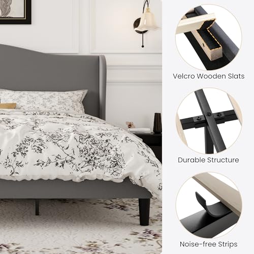 SHA CERLIN King Size Bed Frame with Curved Wingback Headboard, Soft Grey | Modern Luxury Design Velvet Platform Bed with Sturdy Wooden Slats,Noise-Free, No Box Spring Needed, Easy Assembly - color: Soft Grey, size: King