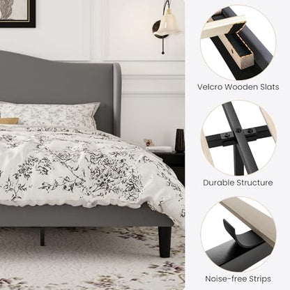 SHA CERLIN King Size Bed Frame with Curved Wingback Headboard, Soft Grey | Modern Luxury Design Velvet Platform Bed with Sturdy Wooden Slats,Noise-Free, No Box Spring Needed, Easy Assembly - color: Soft Grey, size: King