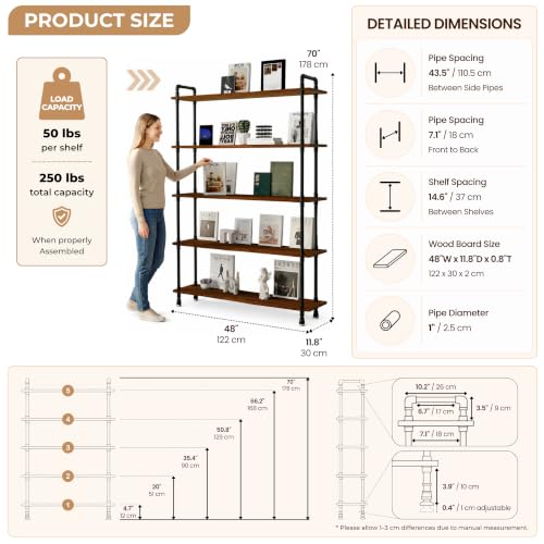 Industrial Bookshelf, Pipe Shelf Bookcase, 5 Tier, 48" Walnut | Solid pine shelves, 48 inch wide, black pipe frame, 50 lbs per shelf, open bookcase for books, plants, office - color: Walnut Brown, size: 48"L × 70"H
