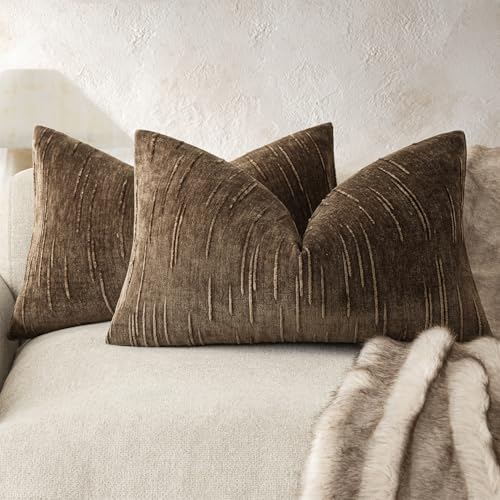 Foindtower Pack of 2 Slubby Textured Chenille Throw Decorative Pillow Covers Lumbar Accent Solid Cushion Cover Neutral Farmhouse Pillow Case for Couch Sofa Bedroom Living Room 12x20 Inch,Dark Brown - color: Dark Brown, size: 20" x 12" (Pack of 2)