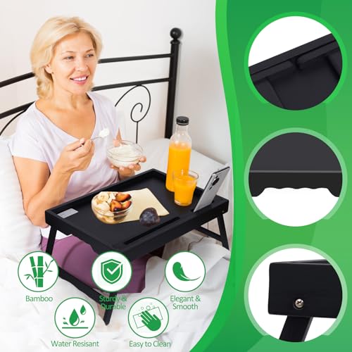 Artmeer Bamboo Bed Tray Table with Device Slot, Folding Legs, Large, Black | FSC-certified bamboo bed tray with folding legs, device slot and handles for meals, laptops, reading and serving in bed. - color: Black, size: Large