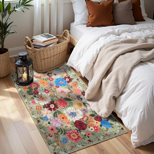 Green Garden Floral Hallway Runner Rug 2x5 for Bedroom Kitchen | Rubber Backing; Non Slip; Soft;Machine Washable; Ideal for Bathroom, Entryway, Laundry Room - color: Green, size: 2' x 5' (Rectangular)