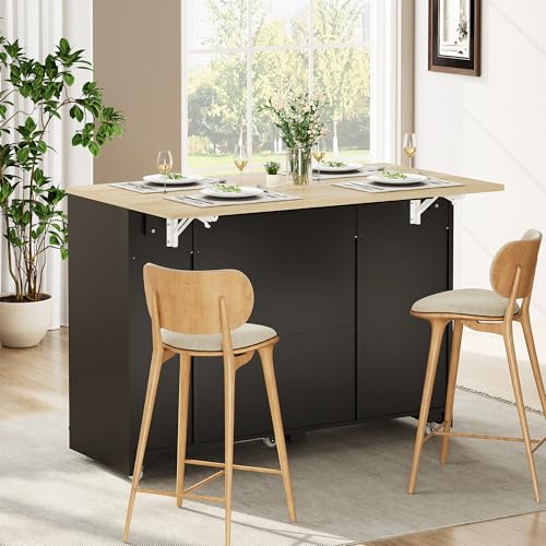 Garvee Rolling Kitchen Island Table on Wheels with Drop Leaf, Tilt Out Trash Can Cabinet, Storage Cabinet, Drawer, Spice Rack, Kitchen Cart, 53.1" Wide, Black - color: Black