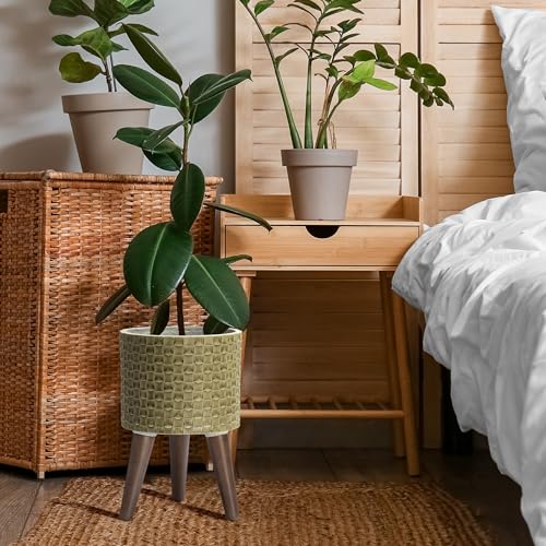 D'vine Dev Planter Pot with Wood Stand, 8 in, Distressed Olive, 88-Z-A-4 | Mid-Century Modern Style, Elevated Plant Display, Drainage Hole and Plug, Functional & Stylish, Modern Indoor Planter - color: Distressed Olive, size: Small