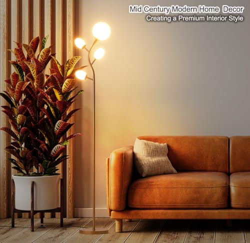 Fiqevs 4 Globe Floor Lamp for Living Room, Mid Modern Standing Tree Lamp | 3000K Warm Light, 4 LED Bulbs Included, Sphere Ball Frosted Glass Shade Tall Lamp for Bedroom/Office, Antique Brass/Gold - color: 4 Globe Tree- Gold