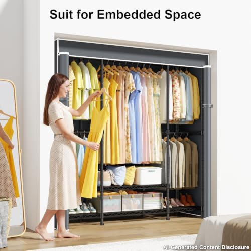 E3C Black Clothes Rack with Gray Cover, Heavy Duty Garment Rack | Freestanding Metal Closet System Storage Organizer for Clothing, Clothing Rack Holds up to 850 lbs, 59.5"W x 16.5"D x 77.4"H - color: Black Rack with Gray Cover