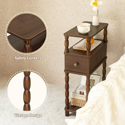 MaxSmeo Narrow Side Table, Small Nightstand with Drawer, Skinny End Table with Storage for Small Spaces, Bedroom, Living Room (Walnut Brown) - color: Walnut Brown