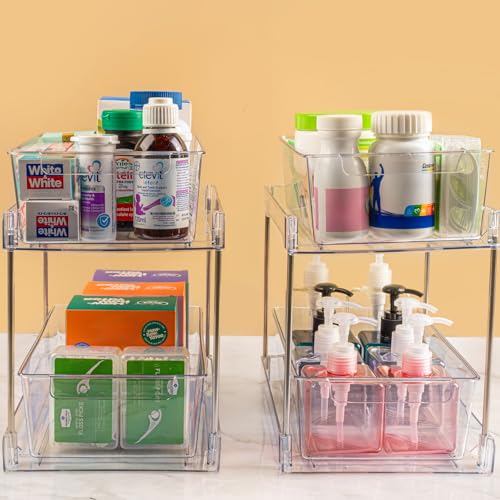 4Pack 2-Tier Bathroom Storage Organizer, Clear Under Sink Organizers Kitchen Vanity Counter Storage Container, Medicine Cabinet Drawers Bins, Pull-Out Organization with Track for Pantry