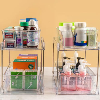4Pack 2-Tier Bathroom Storage Organizer, Clear Under Sink Organizers Kitchen Vanity Counter Storage Container, Medicine Cabinet Drawers Bins, Pull-Out Organization with Track for Pantry