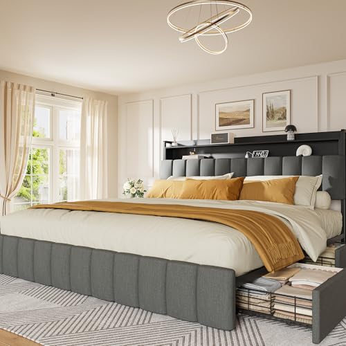 Bed Frame King Size with Upholstered Headboard & Charging Station, King Bed Frame with 4 Storage Drawers, 2-Tier Open Shelves, No Box Spring Needed, Slient Foam Strip, Easy Assembly, Grey - color: Grey, size: King