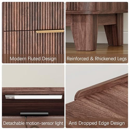 Baoz Walnut Fluted Nightstand with Charging Station & 2 Wooden Drawers | 20" Wide Mid Century Modern Bedside Table Wood Curved Profile Design 27in Tall LED Night Stand - color: Walnut, size: 2 Drawers