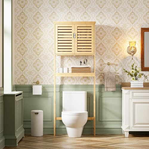 SMIBUY Bathroom Over The Toilet Storage Cabinet, 2 Door Bamboo Cabinet Organizer, Freestanding Space Saver Toilet Rack with Adjustable Inside Shelf and Open Shelf (Natural) - color: Natural
