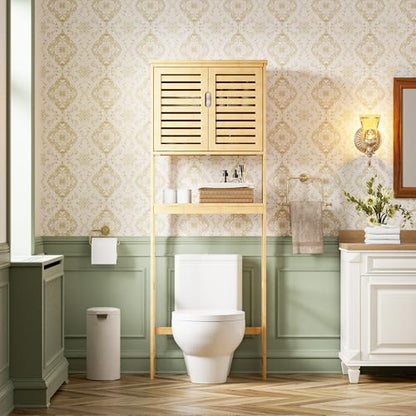 SMIBUY Bathroom Over The Toilet Storage Cabinet, 2 Door Bamboo Cabinet Organizer, Freestanding Space Saver Toilet Rack with Adjustable Inside Shelf and Open Shelf (Natural) - color: Natural