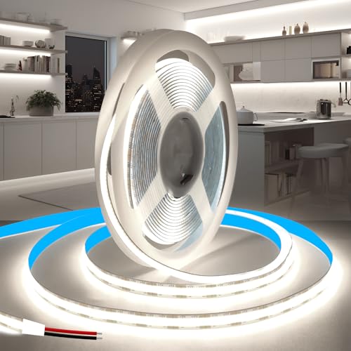 COB LED Strip Lights 16.4ft/5m, 12V LED Light Strip, Daylight White 6000K Under Cabinet Lighting, Super Bright Flexible Tape Lights for Bedroom,Mirror,Kitchen,Living Room(Power Supply Not Included) - color: Daylight White, size: 12V-16.4ft/5M