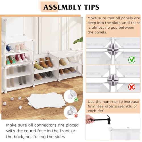 Tangkula 48 Pairs Shoe Rack Organizer, 12-Cube Shoe Storage Cabinet with Removable Shelf, 5 Hanging Hooks, DIY Shoe Shelves with Doors, 24 Tiers Free Standing Shoe Tower Rack for Entryway (White)