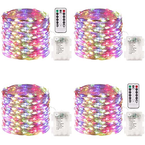 4 Pack Fairy Lights Battery Operated with Remote 33FT 100 LED Multicolor | Remote Control, 8 Modes, Timer, Adjustable brightness, Waterproof Lights for Indoor Outdoor Classroom Christmas Decor - color: Multicolor, size: 4 Pack