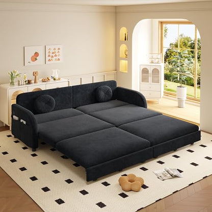81.1'' King Size Sleeper Sofa Bed, 3-in-1 Pull Out Chenille Couch, Black | Cozy Curved Armrest, Loveseat with USB, 2 Round Pillows, Washable Cover, Pocket, for Living Room, Apartment, Small Spaces, RV - color: Black, size: 81.1'' King